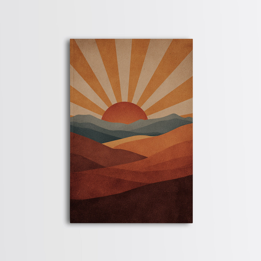 Retro Desert Sunrise Wall Art, Mid Century Sun Poster, Burnt Orange Landscape Print, Southwestern Decor, Boho MCM Art Gift