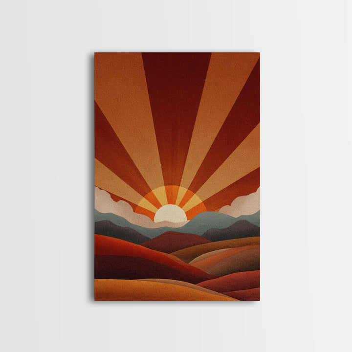 Burnt Orange Sunrise Wall Art, Retro Mountain Landscape Poster, Mid Century Sun Print, Warm Desert Decor, Boho MCM Art Gift