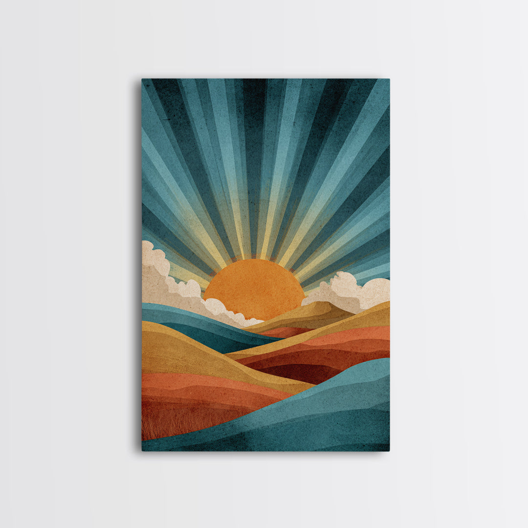 Teal Orange Sunrise Canvas Print, Retro Desert Mountain Wall Decor, Mid Century Sun Art, Boho Abstract Landscape Poster Print