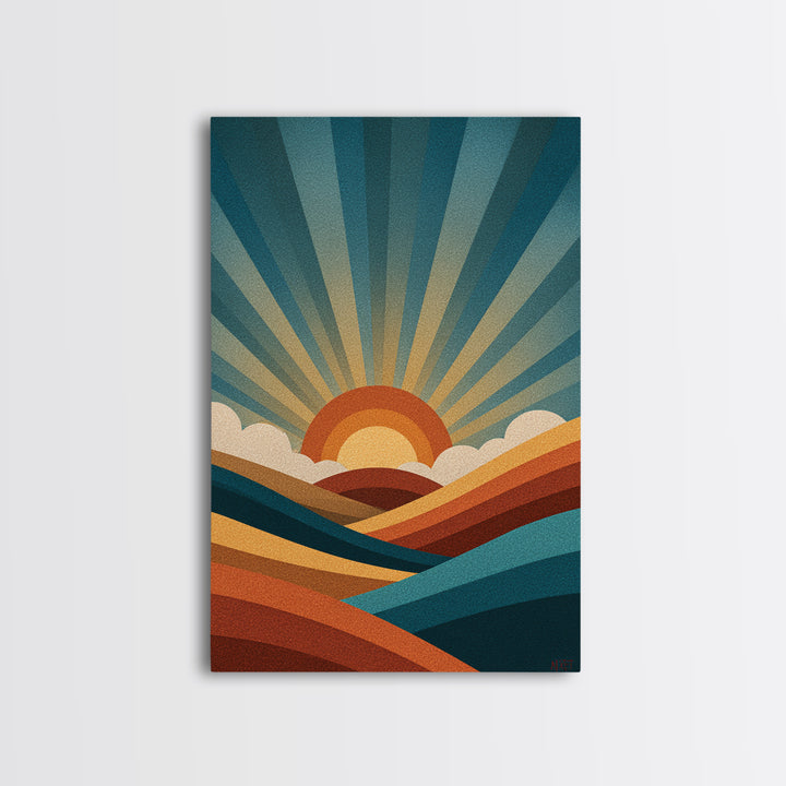 Geometric Sunrise Wall Art, Retro Rainbow Mountain Poster, Mid Century Sun Print, Colorful Abstract MCM Home Decor Gift Idea