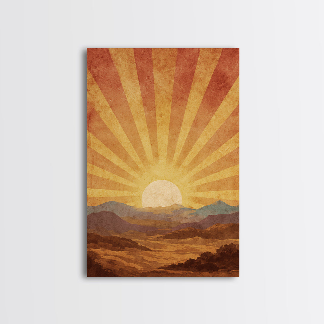 Radiant Desert Sunrise Mountains Wall Art, Mid Century Modern Poster, Retro Orange Landscape Print, Southwestern Living Room Decor