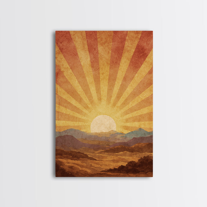Radiant Desert Sunrise Mountains Wall Art, Mid Century Modern Poster, Retro Orange Landscape Print, Southwestern Living Room Decor