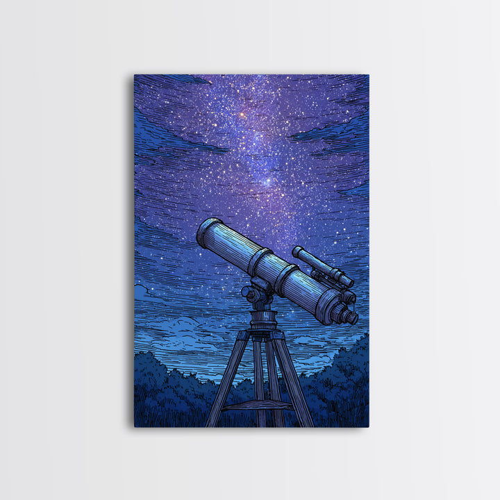 Blue Starry Telescope Wall Art, Mid Century Modern Space Poster, Astronomy Print, Night Sky Decor For Office And Dorm Room