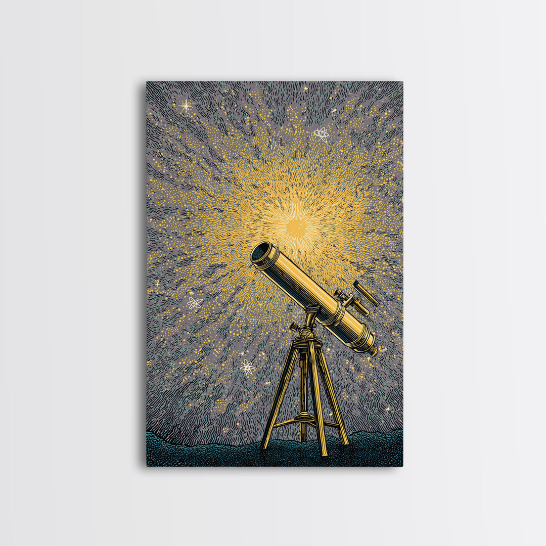 Golden Starburst Telescope Canvas Print, Mid Century Modern Astronomy Poster, Retro Space Wall Decor, Statement Office Art