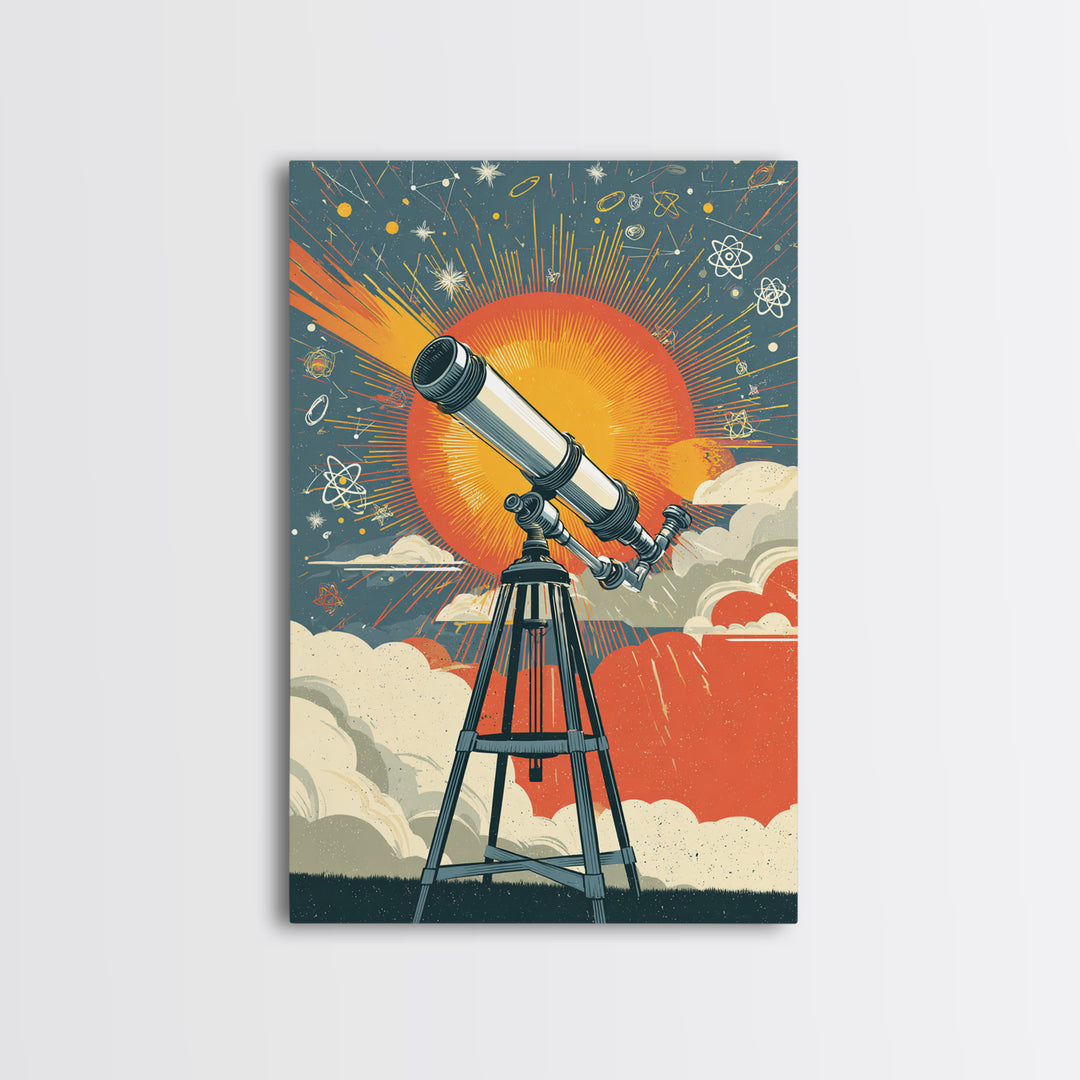 Giant Sun Telescope Wall Art, Mid Century Modern Space Poster, Colorful Atomic Astronomy Print, Retro Office Decor Gift Idea