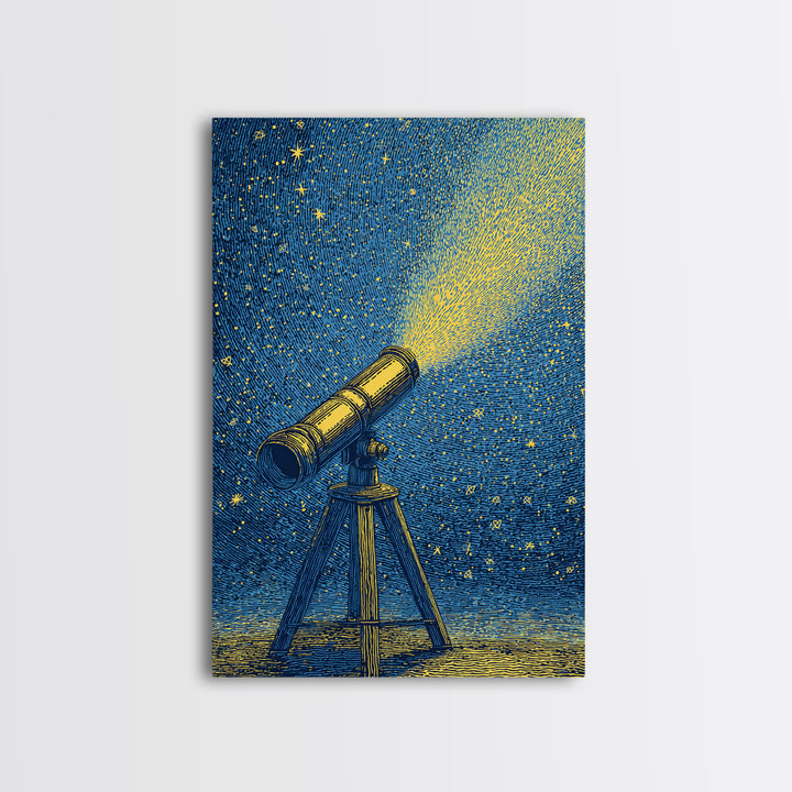 Blue Night Telescope Canvas Print, Mid Century Modern Astronomy Poster, Starry Space Wall Decor, Retro Science Gift For Him