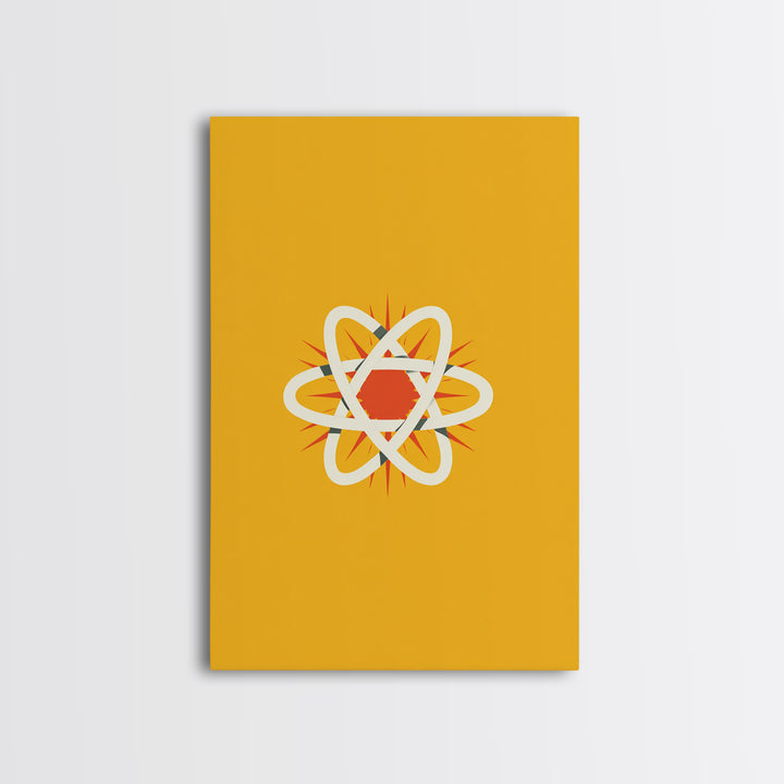 Minimal Atomic Symbol Canvas Print, Mid Century Modern Science Poster, Yellow Orange Geometric Wall Decor, Retro Lab Art