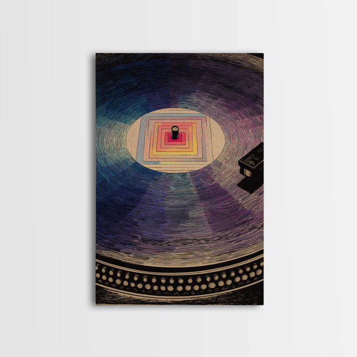 Square Label Vinyl Record Framed Canvas Print, Modern Abstract Wall Art, Retro Turntable Poster, Blue Purple Music Decor