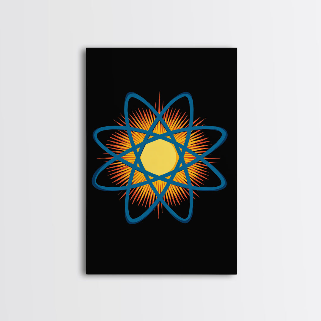 Blue Atomic Orbit Sunburst Wall Art, Midcentury Modern Science Poster, Retro Space Decor, Geometric MCM Art Print For Office