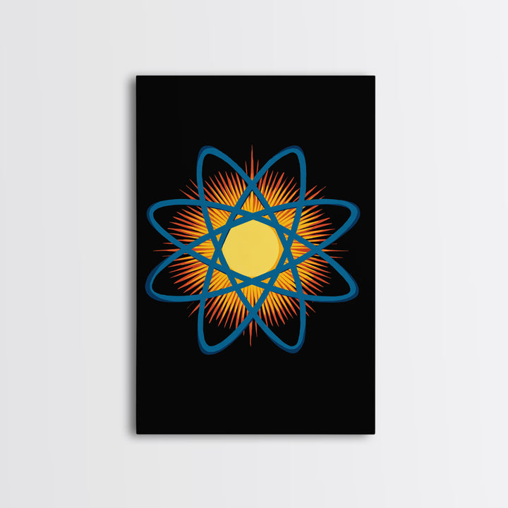 Blue Atomic Orbit Sunburst Wall Art, Midcentury Modern Science Poster, Retro Space Decor, Geometric MCM Art Print For Office