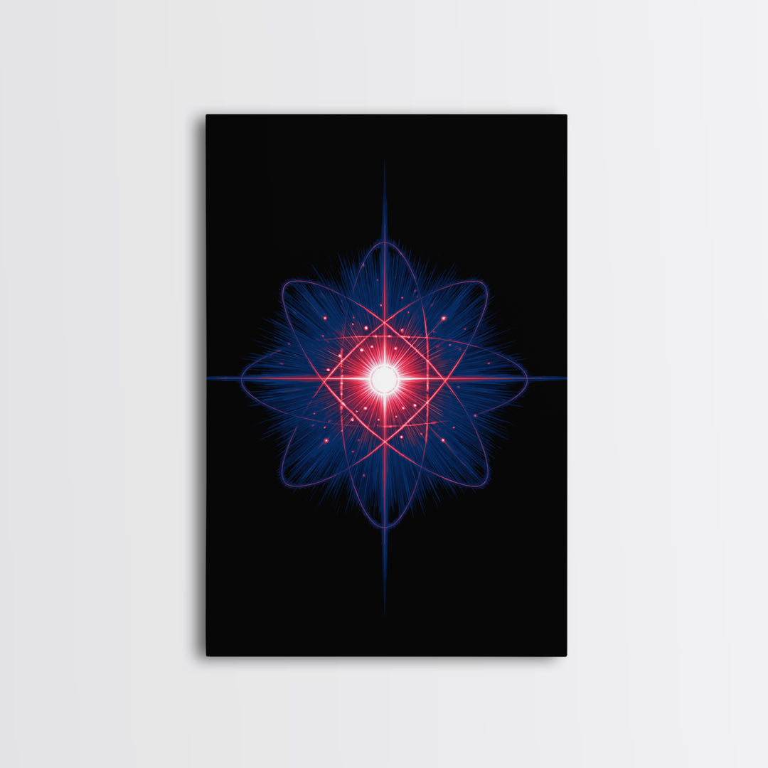 Neon Red Blue Atomic Starburst Canvas Print, Futuristic Space Abstract, Midcentury Modern Wall Decor, Sci Fi Home Office Art