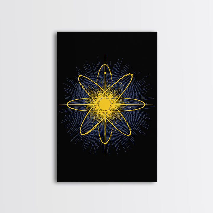 Yellow Atomic Burst Wall Art, Bright Modern Abstract Science Poster, Midcentury Space Decor, Geometric Art Print For Home Office