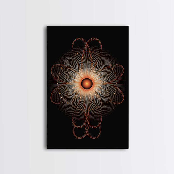 Orange Radiant Atomic Flower Framed Canvas Print, Midcentury Modern Abstract, Retro Geometric Wall Decor, MCM Office Art