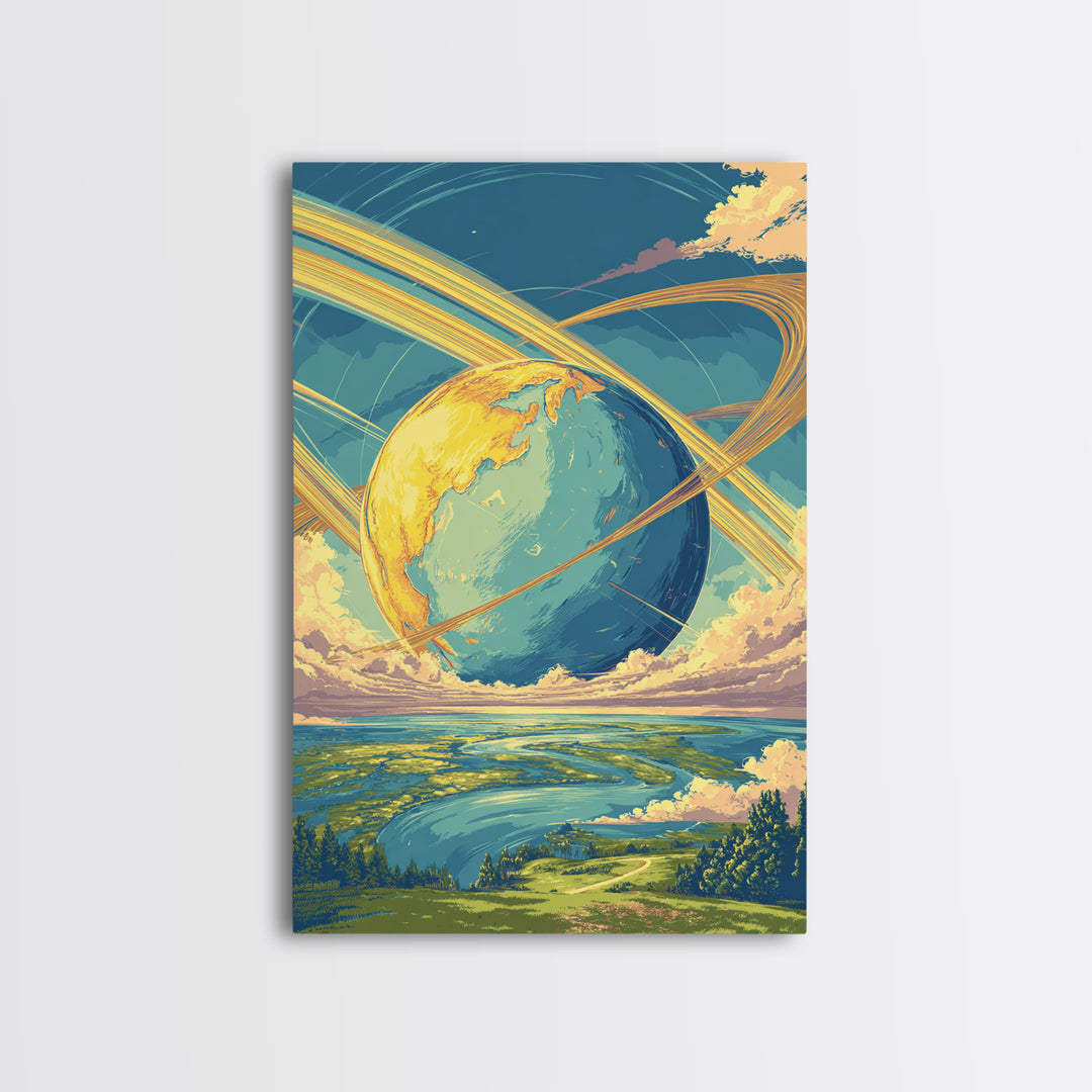 Dreamy Ringed Earth Landscape Wall Art, Retro Futuristic Travel Poster, Colorful Modern Space Decor, Scenic Canvas Print