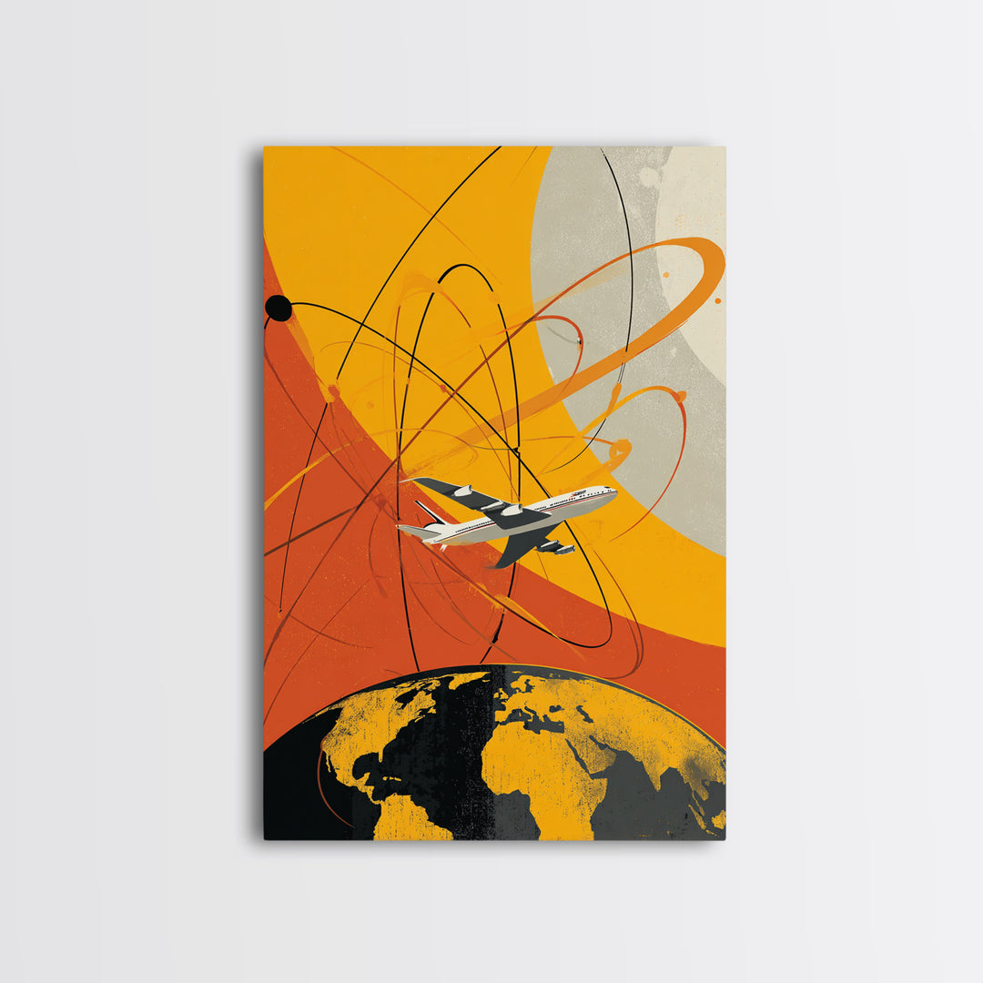 Orange Jet Airplane Orbit Wall Art, Retro Space Age Travel Poster, Midcentury Modern Aviation Decor, Bold Canvas Print For Office
