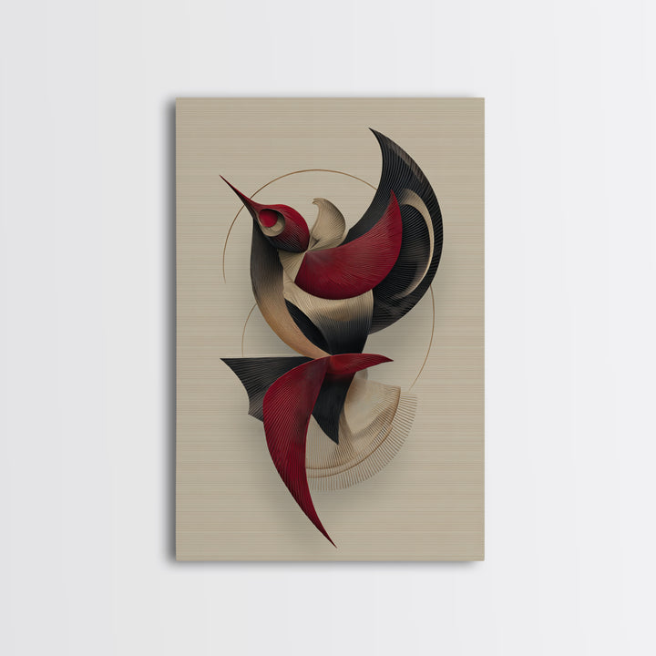 Red Black Beige Kinetic Abstract Bird Framed Canvas Print, Midcentury Modern Wall Art, Sculptural MCM Home Decor, Statement Piece