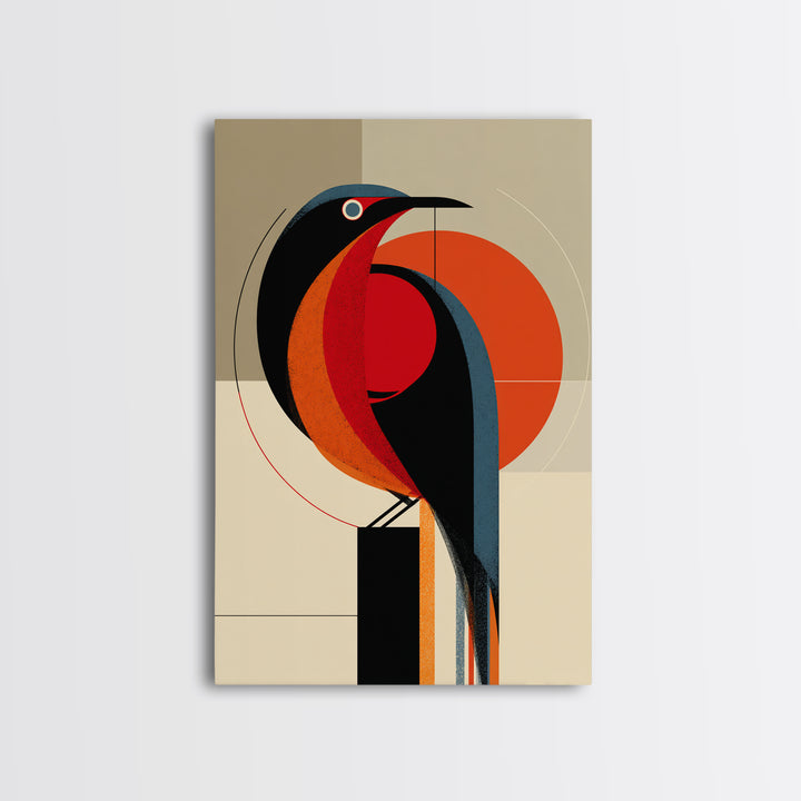 Orange Black Geometric Toucan Framed Canvas Print, Midcentury Modern Wall Art, Atomic Bird Poster, Bold MCM Decor, For Office