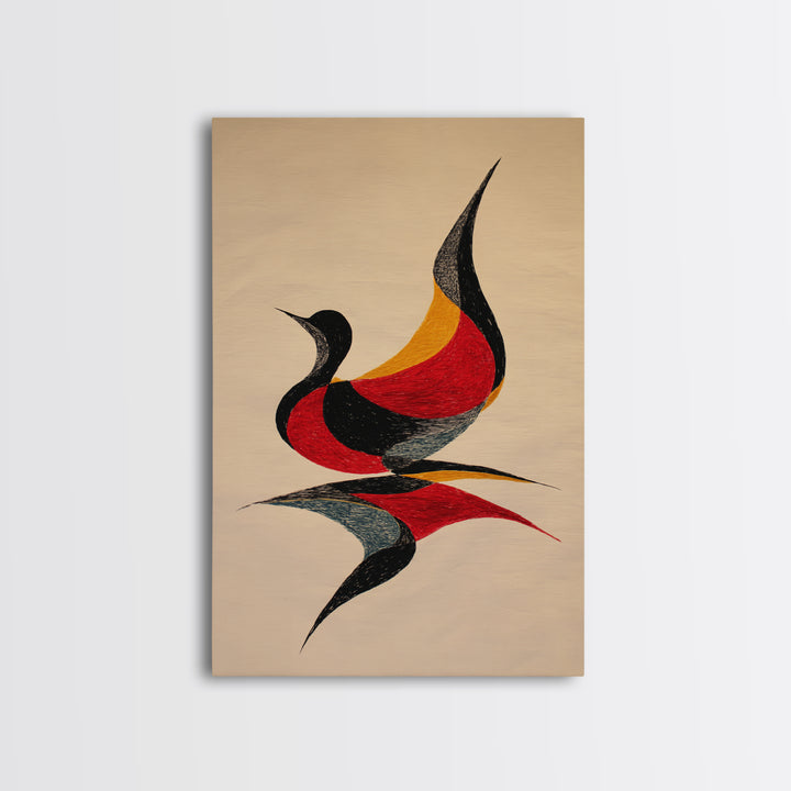 Red Black Abstract Bird Canvas Print, Midcentury Modern Wall Art, Retro Geometric Art, Warm Beige Living Room Decor, Gift