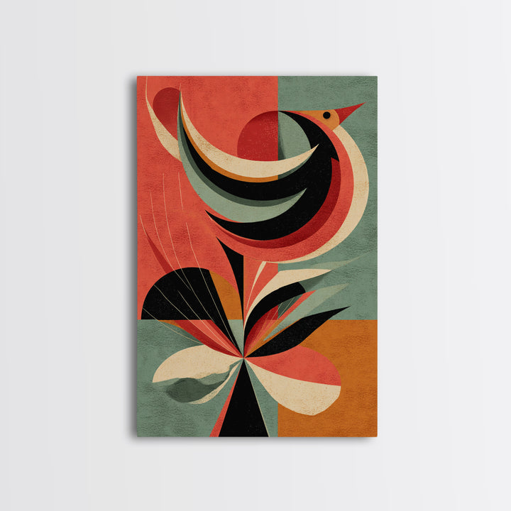 Retro Bird And Flower Wall Art, Midcentury Modern Canvas Print, Colorful Geometric Poster, MCM Botanical Home Decor, Gift