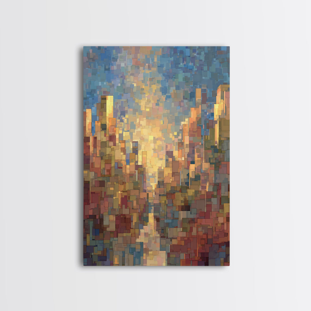 Pixelated Sunset Cityscape Wall Art, Modern Abstract Art Print, Urban Skyline Poster, Colorful Living Room Office Decor, Gift