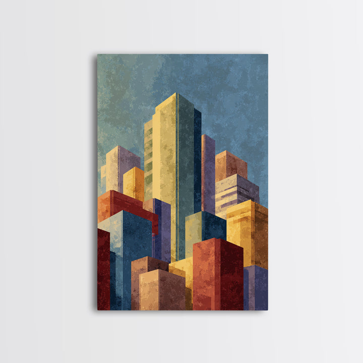 Golden Abstract City Skyline Wall Art, Mid Century Modern Print, Urban Architecture Decor, Colorful Office Living Room Poster