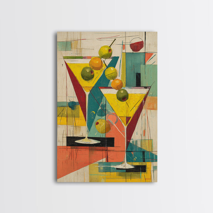 Retro Martini Glasses With Olives Wall Art, Mid Century Modern Bar Cart Decor, Cocktail Poster, Colorful Kitchen Art Print