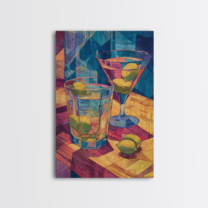 Cubist Cocktail Glasses With Limes Framed Canvas Print, Colorful Retro Wall Decor, Bar Cart Poster, Modern Kitchen Art Print