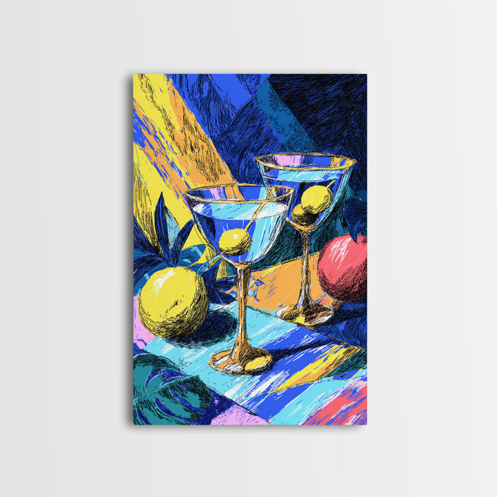 Bold Blue Martini Glasses With Lemons Canvas Print, Colorful Pop Art Bar Decor, Retro Cocktail Poster, Funky Kitchen Art
