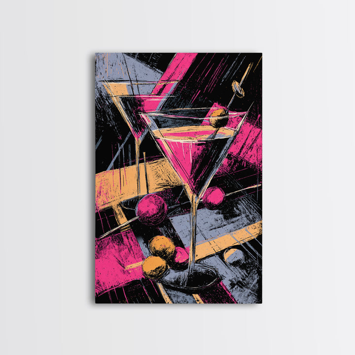 Neon Pink Martini Cocktail Wall Art, Retro Pop Art Bar Cart Decor, Maximalist Kitchen Poster, Bold Modern Canvas Print Gift