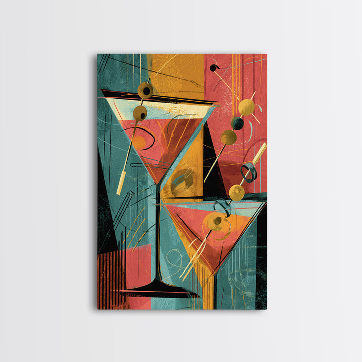 Atomic Martini Glasses With Olives Wall Art, Mid Century Modern Bar Decor, Retro Cocktail Poster, Geometric Kitchen Print