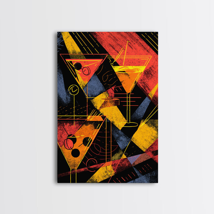 Graphic Martini Trio Canvas Print, Retro Cocktail Wall Decor, Bold Red Yellow Bar Cart Poster, Atomic Modern Kitchen Art