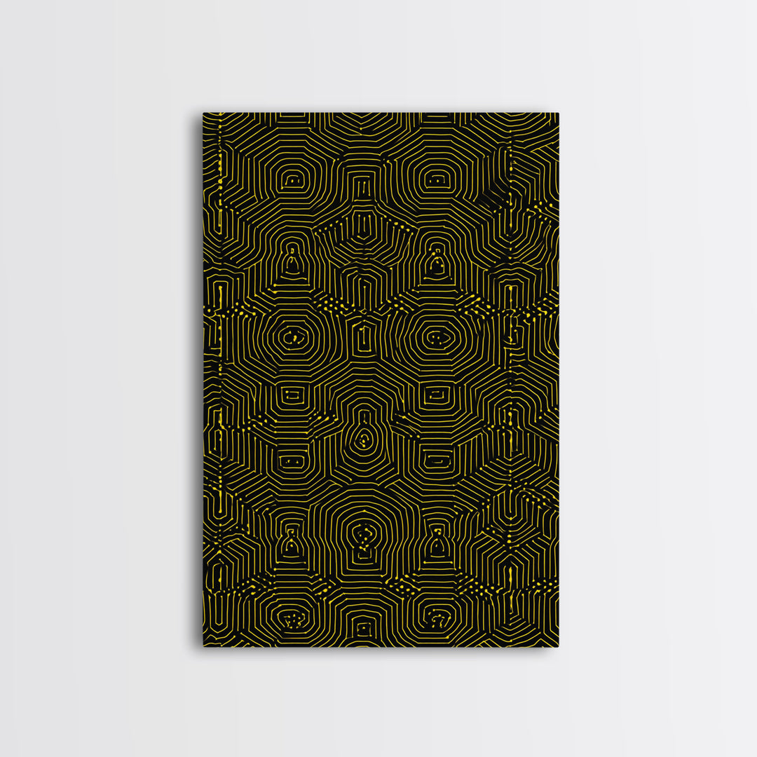 Black Yellow Maze Pattern Canvas Print, Modern Geometric Wall Art, Op Art Poster, Bold Abstract Office Decor Statement Gift