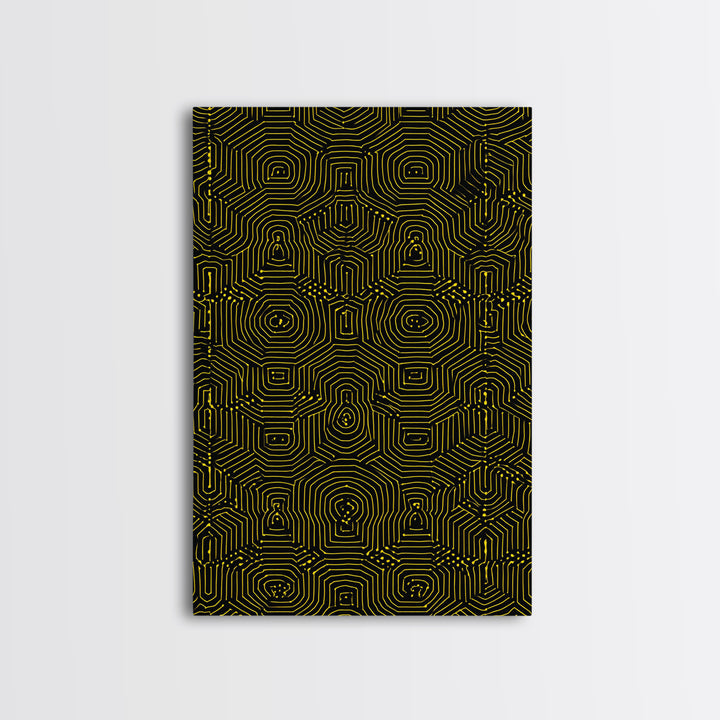 Black Yellow Maze Pattern Canvas Print, Modern Geometric Wall Art, Op Art Poster, Bold Abstract Office Decor Statement Gift
