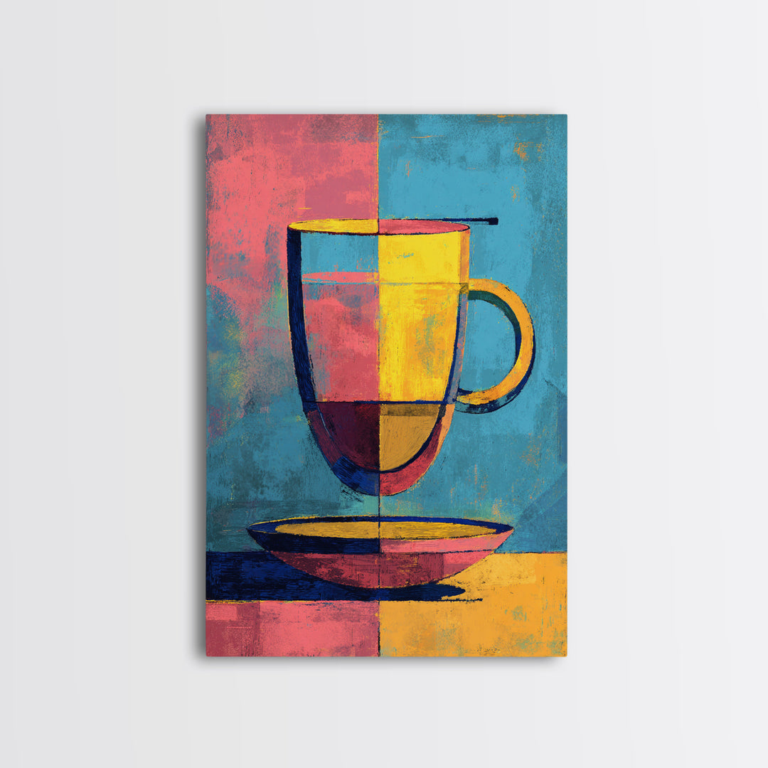 Colorful Modern Mug On Saucer Canvas Print, Mid Century Coffee Wall Decor, Abstract Kitchen Poster, Bold Cafe Art Print Gift