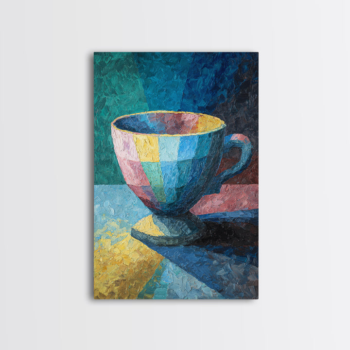 Colorful Teacup Oil Painting Canvas Print, Modern Kitchen Wall Art, Coffee Lover Gift, Vibrant Cafe Decor, Fine Art Print