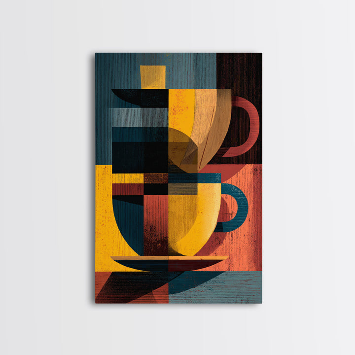 Geometric Cubist Coffee Cups Framed Canvas Print, Midcentury Modern Wall Art, Retro Kitchen Decor, Bold MCM Art Print, Home Decor