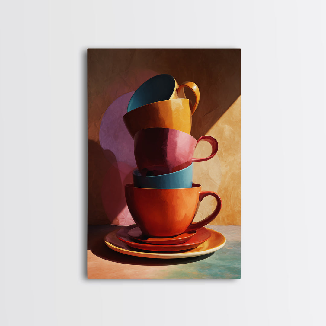 Stacked Colorful Coffee Cups Canvas Print, Modern Kitchen Wall Art, Retro Cafe Poster, Bright Home Decor, Coffee Lover Gift