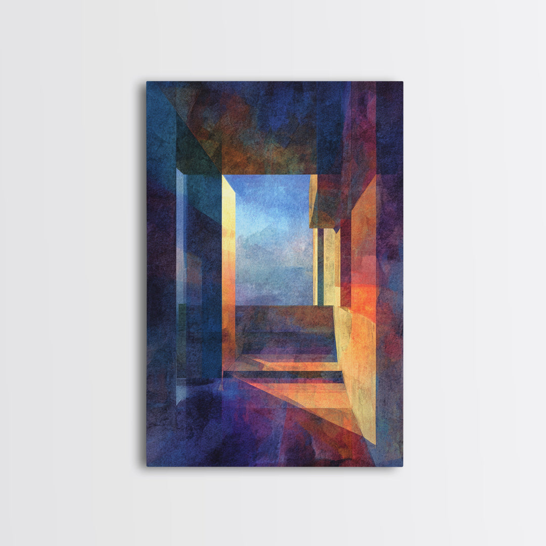 Abstract Architectural Hallway Canvas Print, Modern Wall Art, Geometric Perspective Art, Moody Blue Orange Home Office Decor