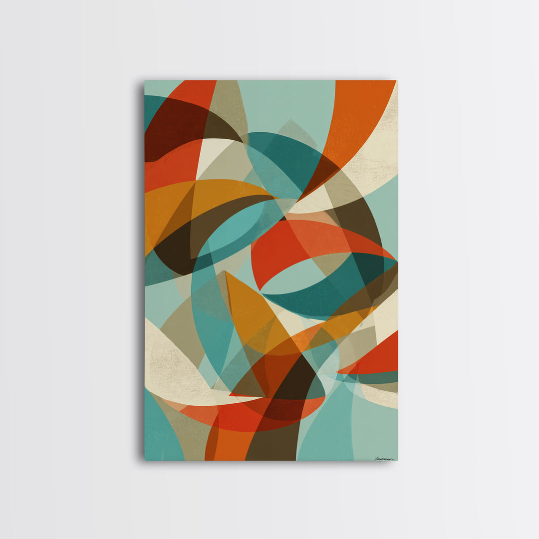 Teal Orange Abstract Curves Canvas Print, Midcentury Modern Wall Art, Geometric MCM Decor, Retro Living Room Artwork, Home Decor
