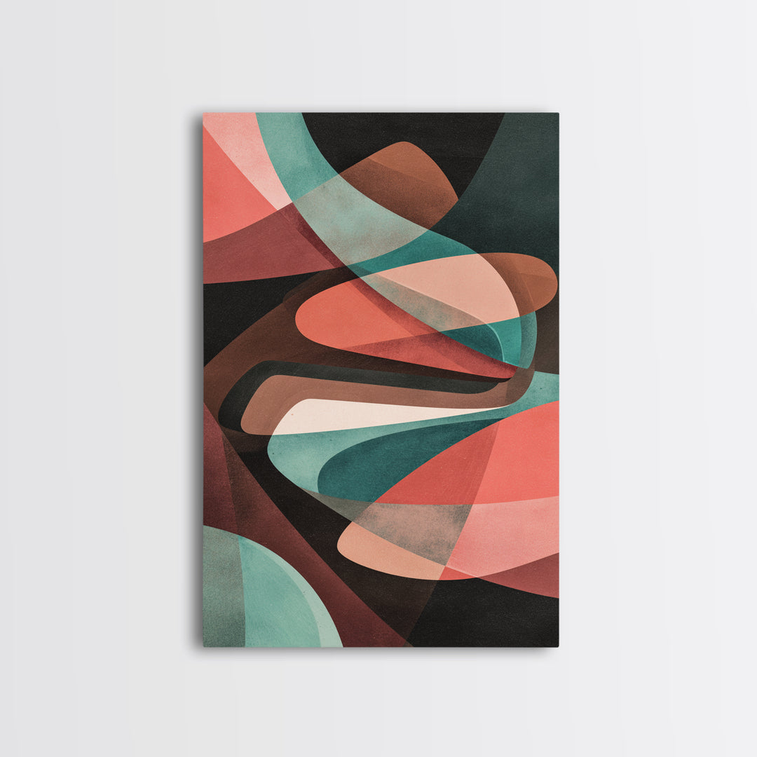 Coral Teal Dark Abstract Canvas Print, Modern Wall Art, Retro Geometric Decor, Moody Midcentury Living Room Poster, Home Office Art
