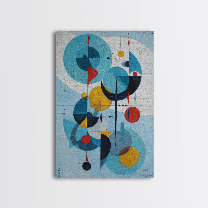 Blue Circle Bauhaus Framed Canvas Print, Midcentury Modern Wall Art, Atomic Geometric Artwork, Red Yellow MCM Decor, Living Room