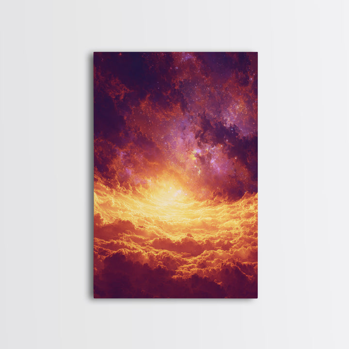 Fiery Celestial Cloudscape Canvas Print, Spiritual Wall Art, Galaxy Sky Poster, Orange Purple Modern Home Decor Gift, Bedroom Art