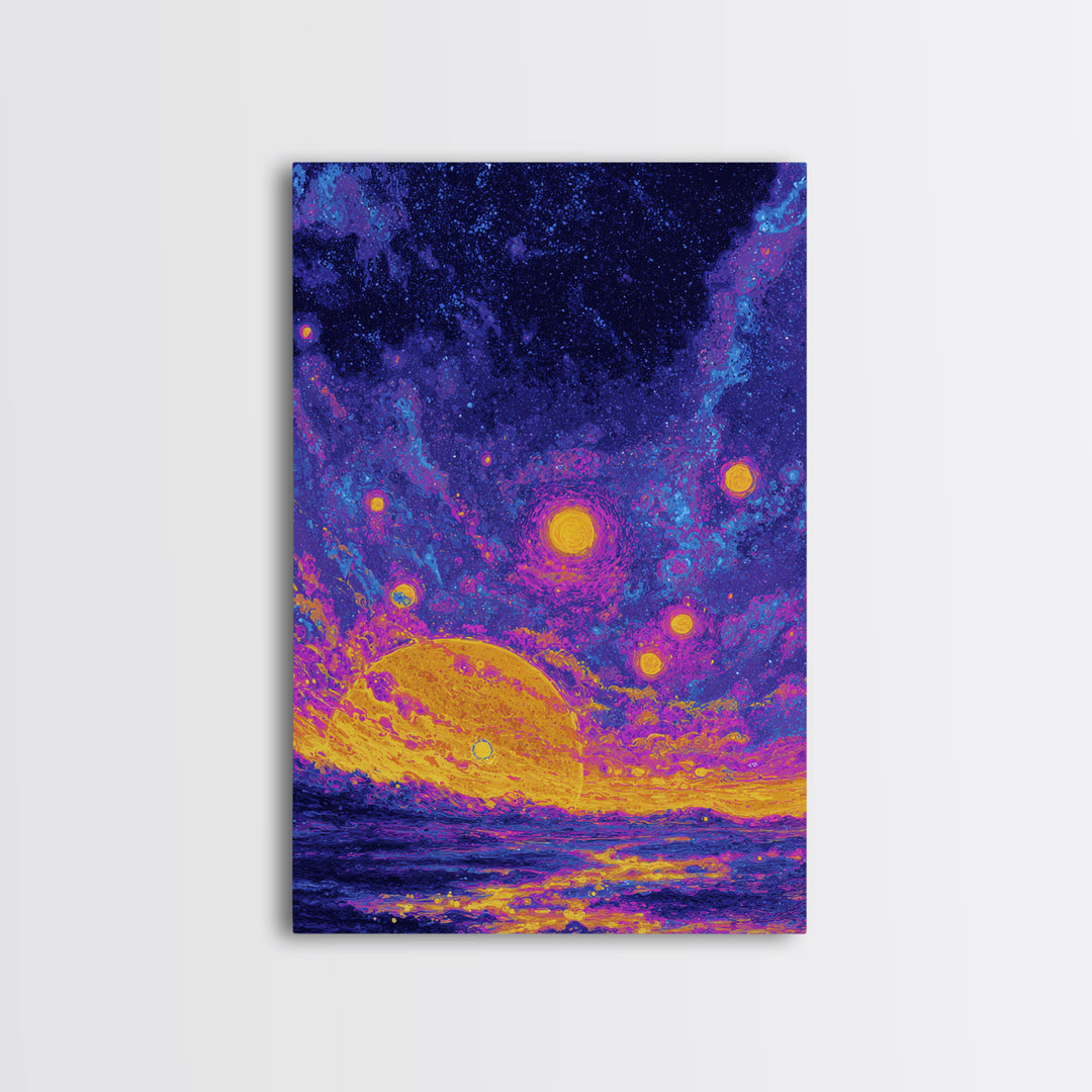 Starry Ocean Sunset Canvas Print, Cosmic Retro Wall Art, Yellow Purple Galaxy Decor, Dreamy Modern Seascape Poster, Living Room