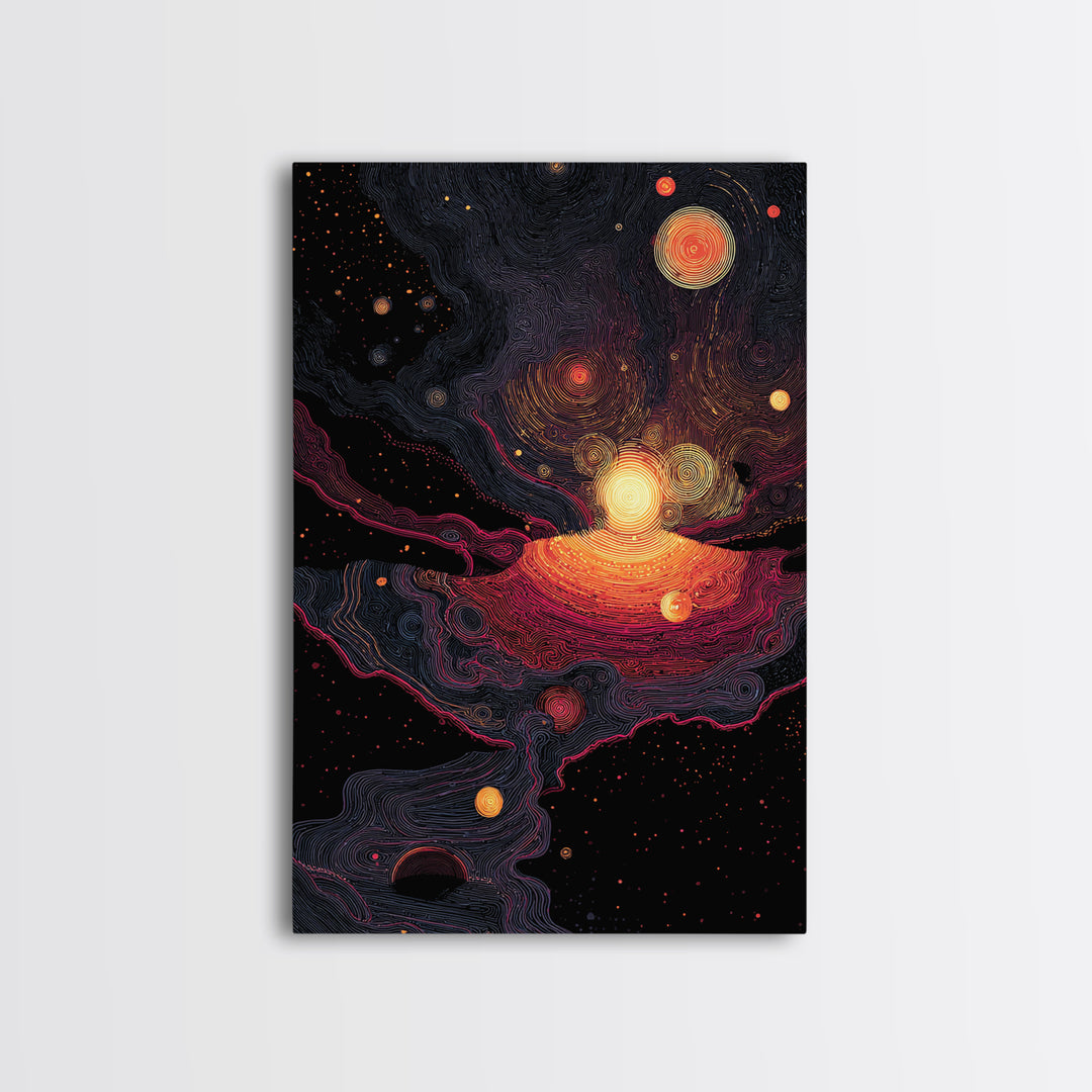 Cosmic Orange Nebula Planets Wall Art, Modern Abstract Art, Retro Sci Fi Decor, Space Poster, Statement Living Room Print
