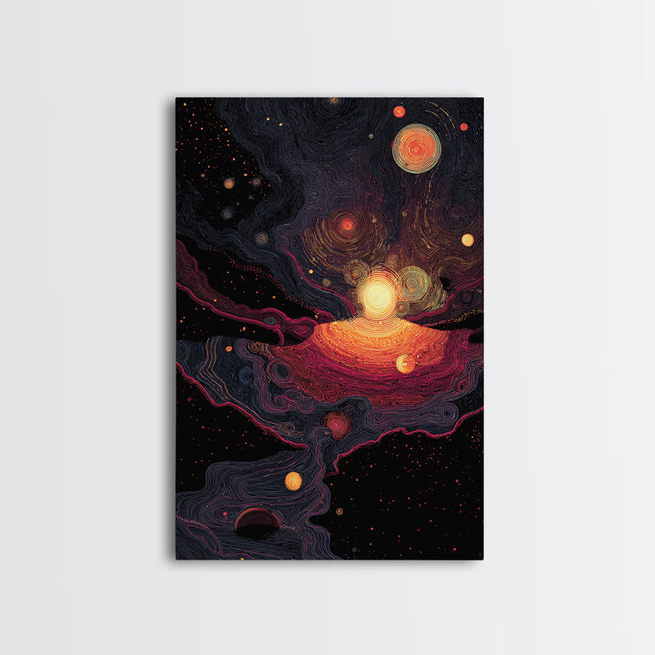 Cosmic Orange Nebula Planets Wall Art, Modern Abstract Art, Retro Sci Fi Decor, Space Poster, Statement Living Room Print