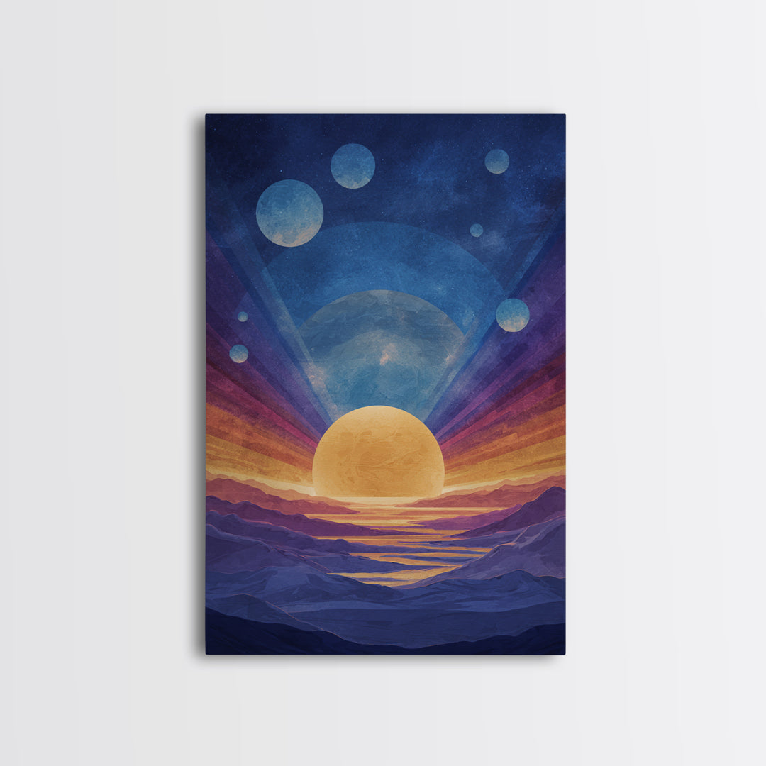 Blue Alien Sunrise Landscape Canvas Print, Modern Abstract Art, Retro Space Poster, Scenic Wall Decor, Bedroom Art Prints