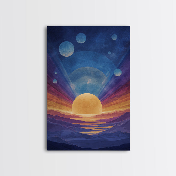 Blue Alien Sunrise Landscape Canvas Print, Modern Abstract Art, Retro Space Poster, Scenic Wall Decor, Bedroom Art Prints