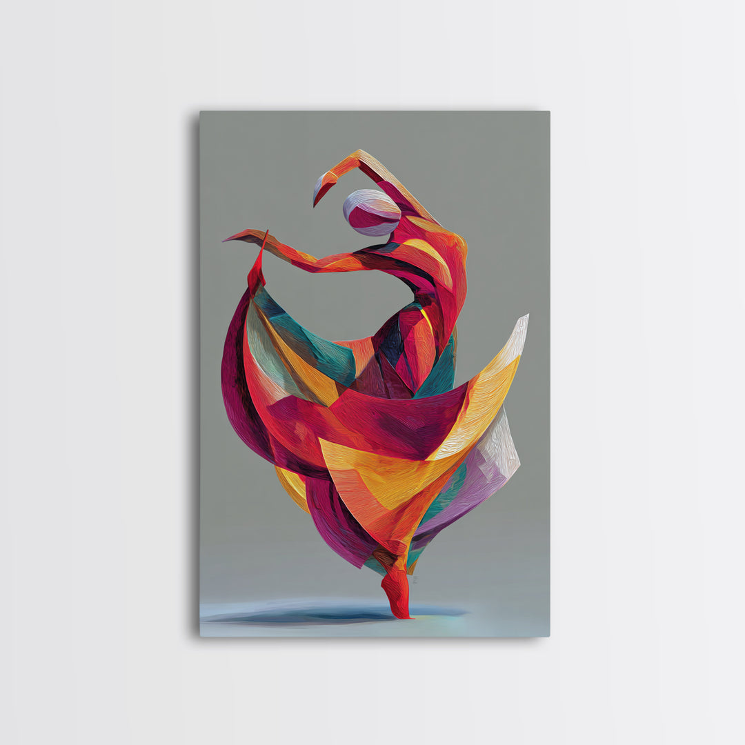 Colorful Geometric Dancer Framed Canvas Print, Modern Abstract Art, Bold MCM Wall Art, Textile Inspired Statement Decor Print