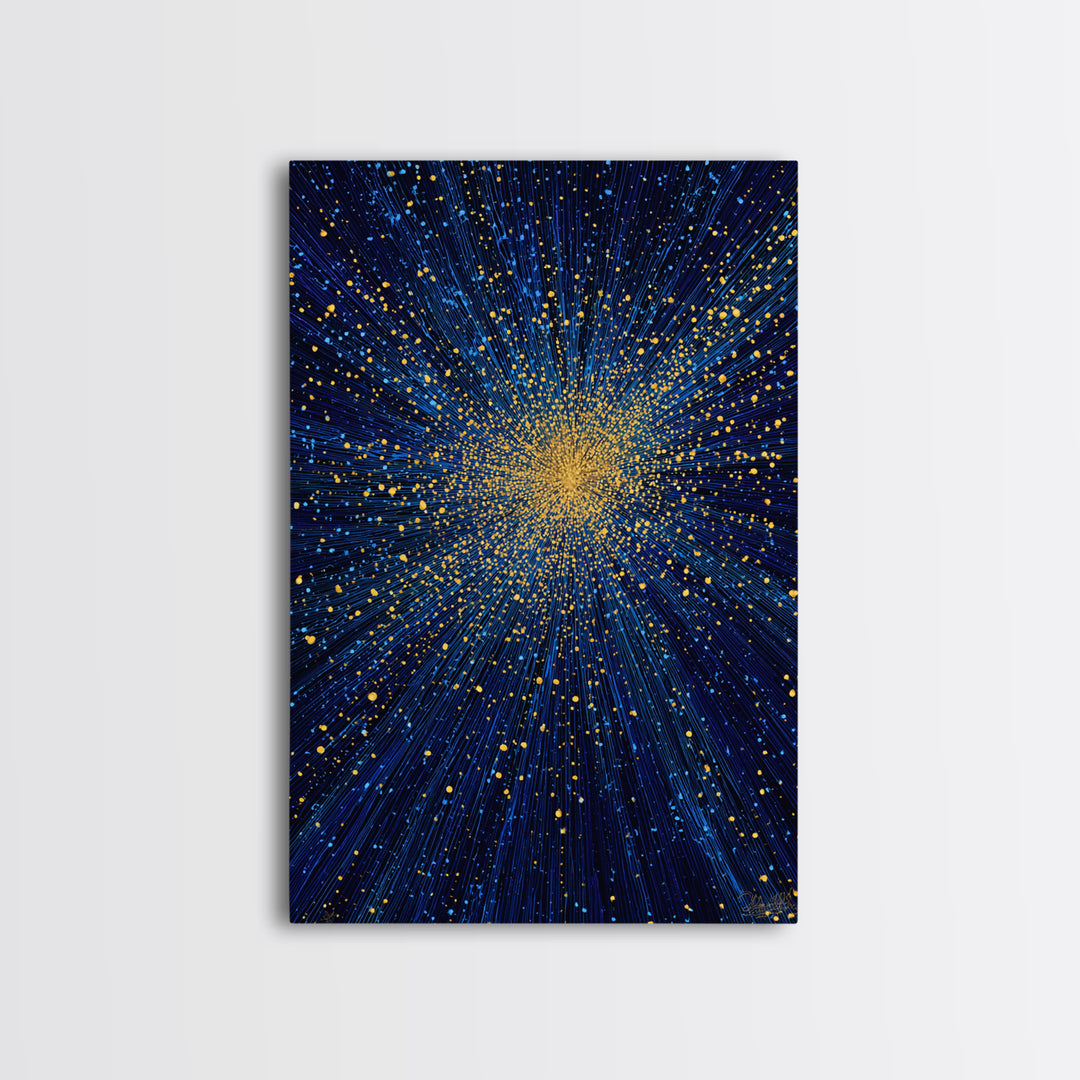 Blue And Gold Starburst Wall Art, Cosmic Particle Explosion, Space Abstract Art, Modern Art Print, Large Living Room Decor