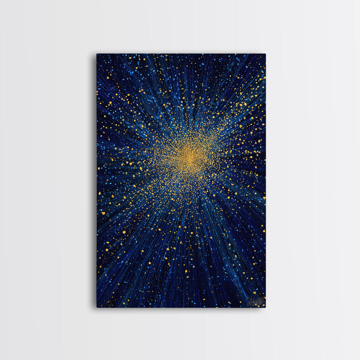 Blue And Gold Starburst Wall Art, Cosmic Particle Explosion, Space Abstract Art, Modern Art Print, Large Living Room Decor